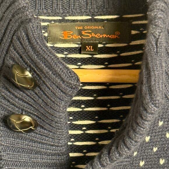 Ben Sherman Navy White Fair Isle Wool & Cotton Leather Button Cardigan Men’s L - Picture 6 of 14